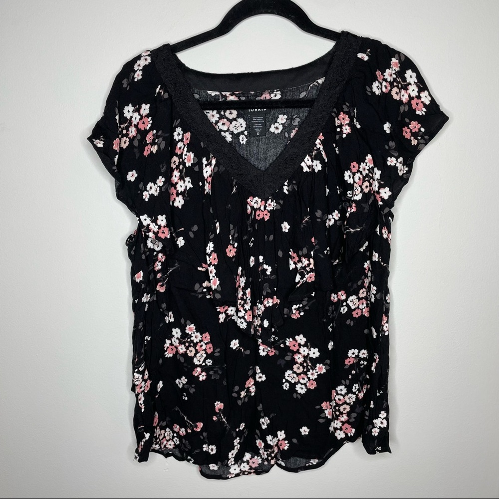 Torrid Floral Print Ruffle Black Blouse